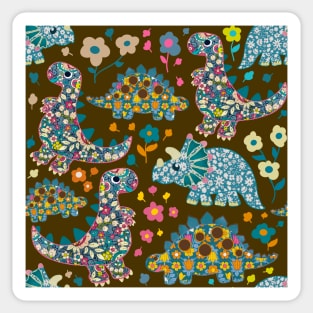 Vintage floral fabric dinosaurs with daisies on brown background Sticker